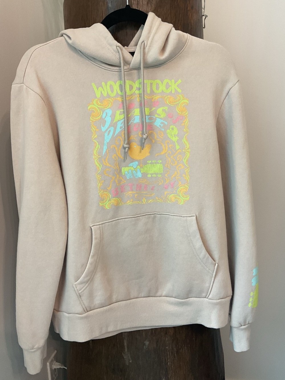 “”WOODSTOCK”” Beige Hoodie with Neon Psychedelic Woodstock Print